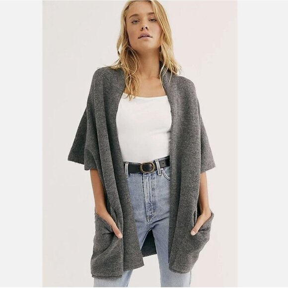 Free People Whistler Collared Shawl Open-Front Sweater Wool Blend Tan Pockets OS - Picture 14 of 14